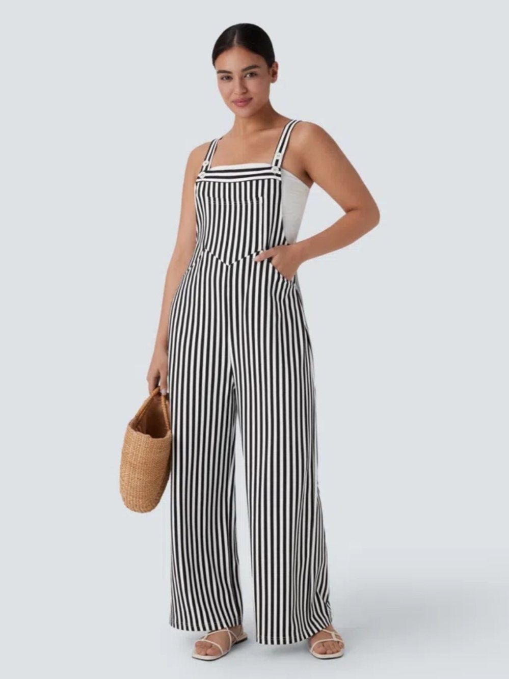 HALARA Black & White Vertical-Stripe Wide-Leg Jumpsuit
